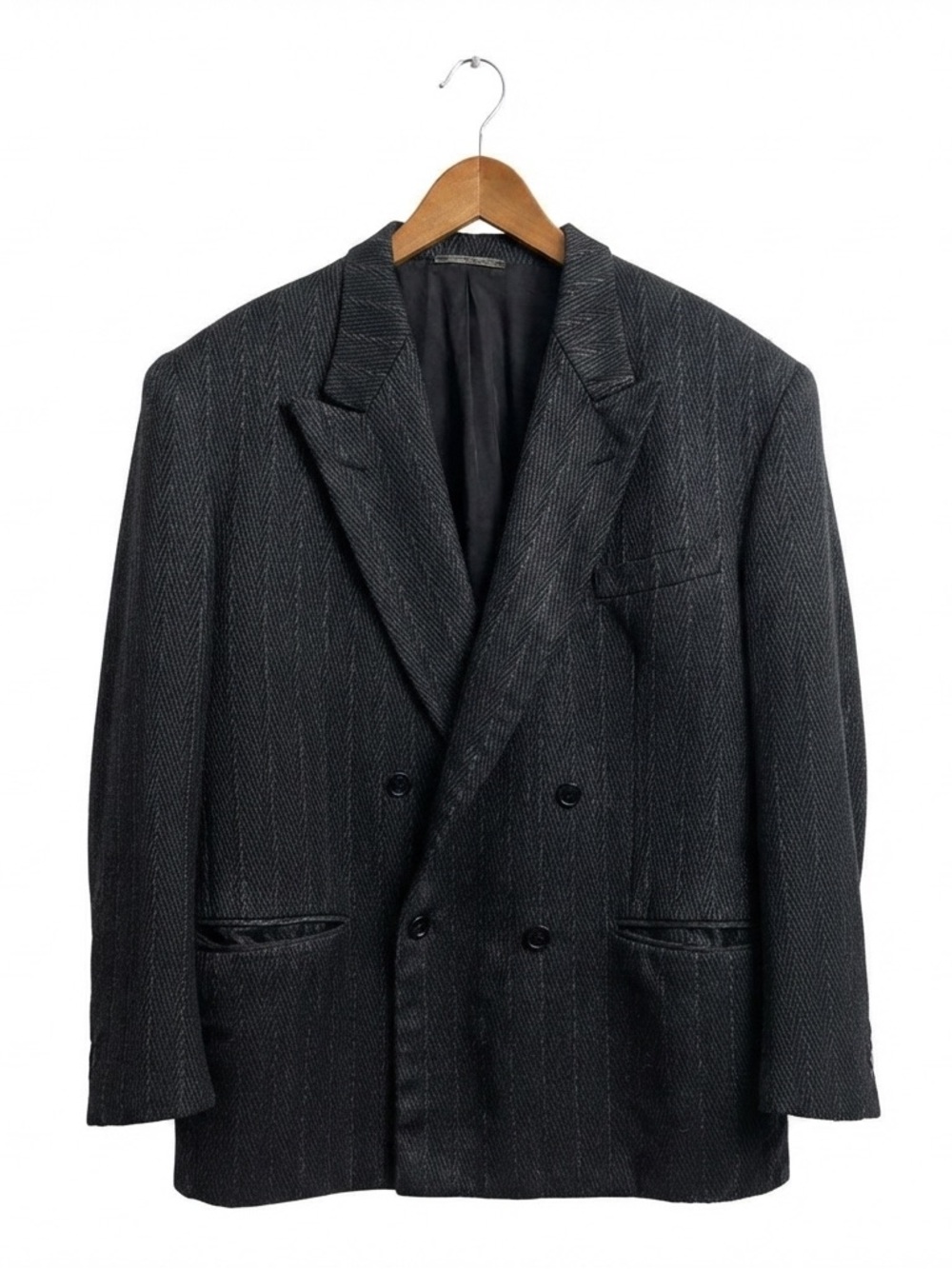 LUBIAM Italy Vintage Double Breasted Blazer Peak Lapel Navy Pinstripe LARGE